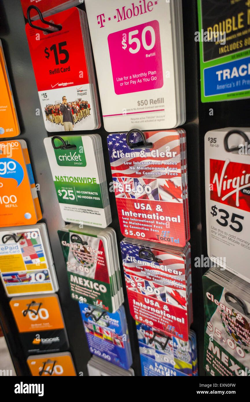 A display of international and domestic prepaid calling cards from various carriers in a store in New York on Tuesday, July 14, 2015  (© Richard B. Levine) Stock Photo