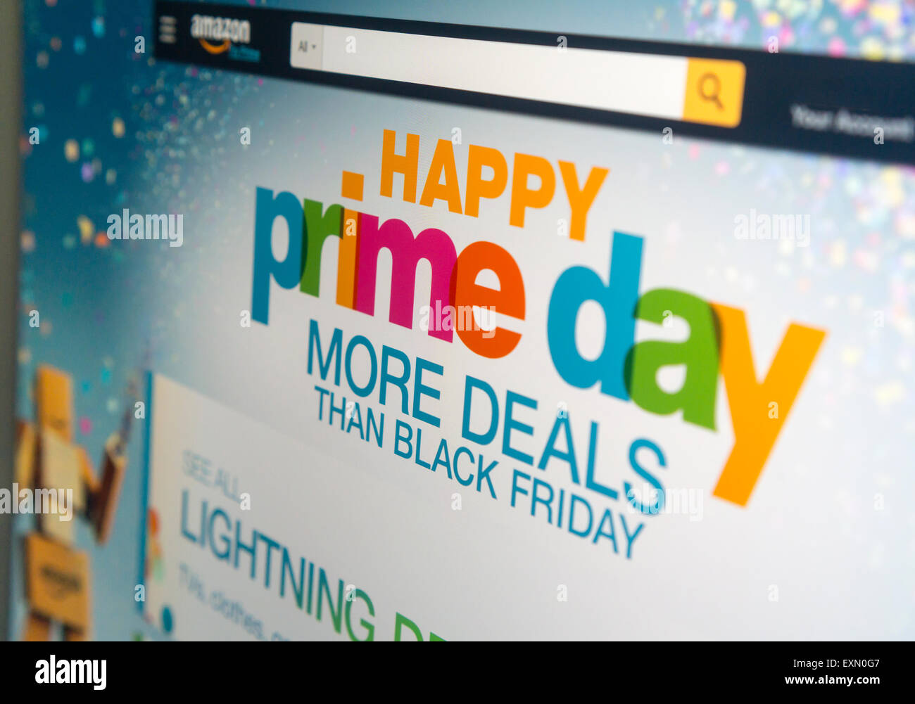 The Amazon website promotes their self-proclaimed 'Prime Day' on Wednesday, July 15, 2015. Bargains and deals galore are offered to Amazon Prime shoppers on this one-day event. The so-called holiday celebrates Amazon's 20th year in business and attempts to draw in customers as June retail sales in the U.S. were weak. Walmart has competing sales on their website today.  (© Richard B. Levine) Stock Photo
