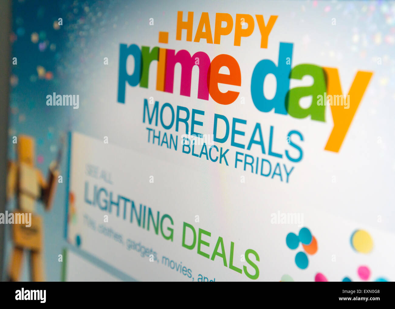 The Amazon website promotes their self-proclaimed 'Prime Day' on Wednesday, July 15, 2015. Bargains and deals galore are offered to Amazon Prime shoppers on this one-day event. The so-called holiday celebrates Amazon's 20th year in business and attempts to draw in customers as June retail sales in the U.S. were weak. Walmart has competing sales on their website today.  (© Richard B. Levine) Stock Photo
