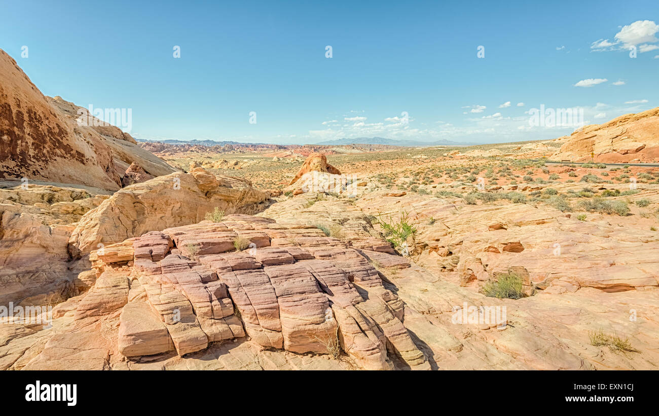 Rainbow Vista with the Mormon Mountains in background, Valley of Fire State Park, Nevada. Stock Photo