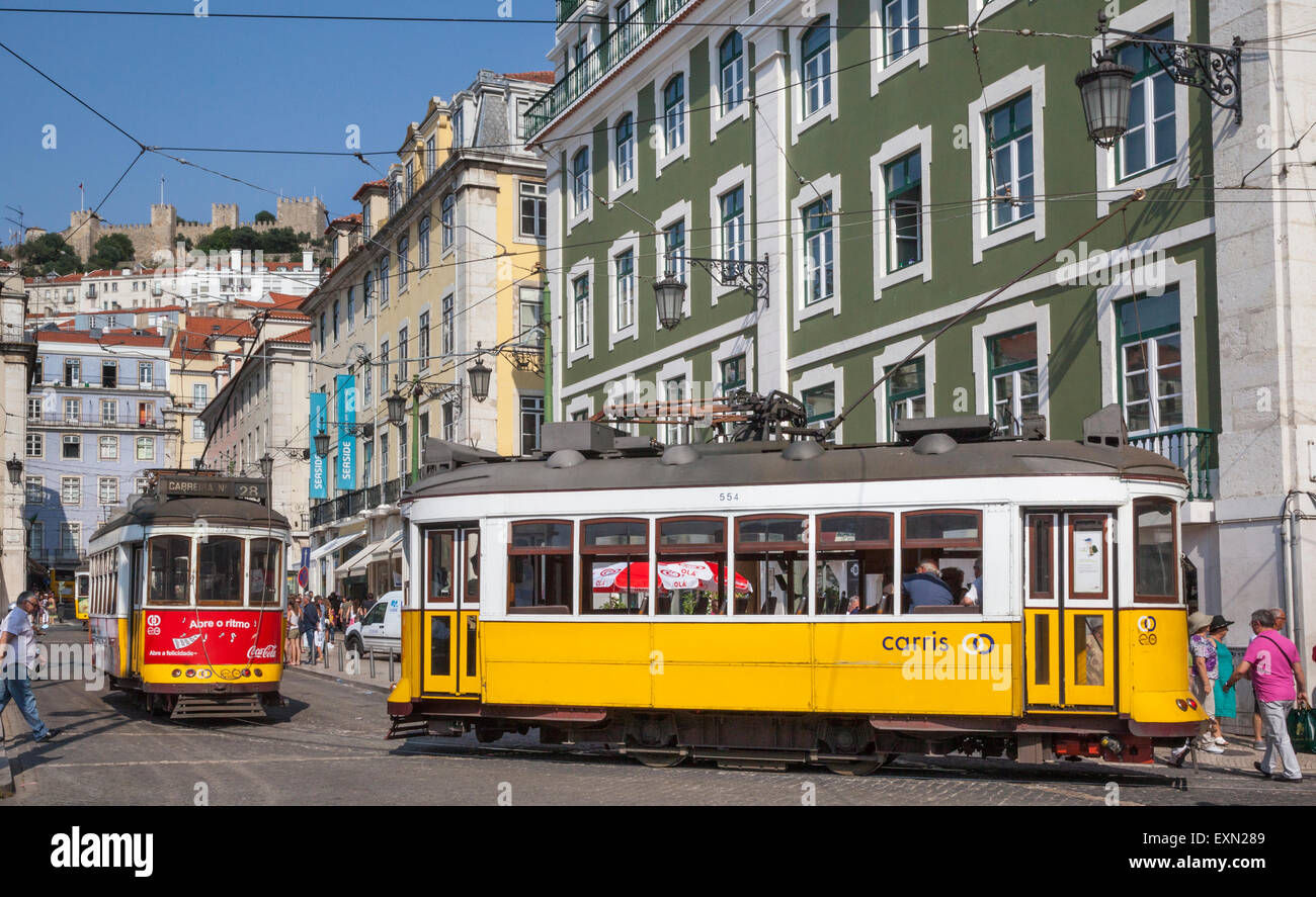 Portugal, Lisbon, Rossio, electric trams at Praca de Figueira Stock Photo
