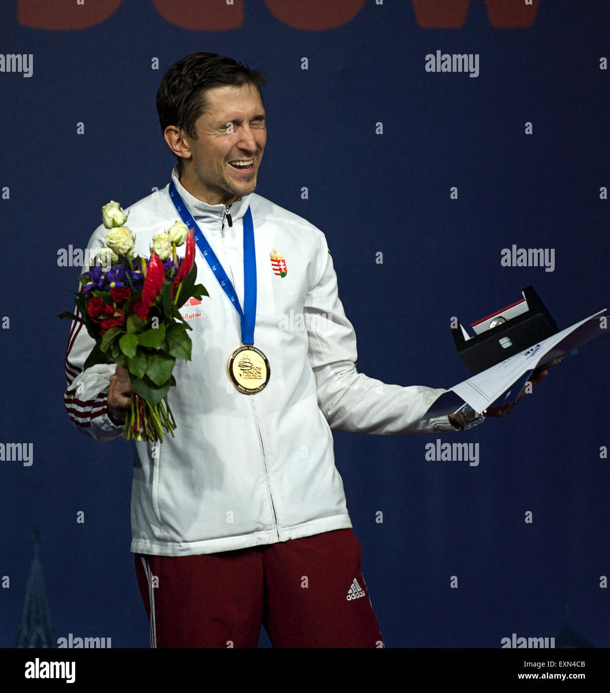 Moscow, Russia. 15th July, 2015. Geza Imre of Hungary with gold medals