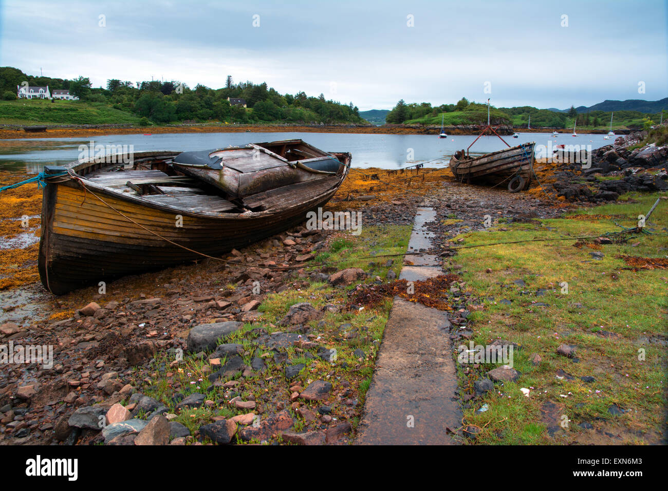 Badachro boat graveyard,Scottish highlands Stock Photo