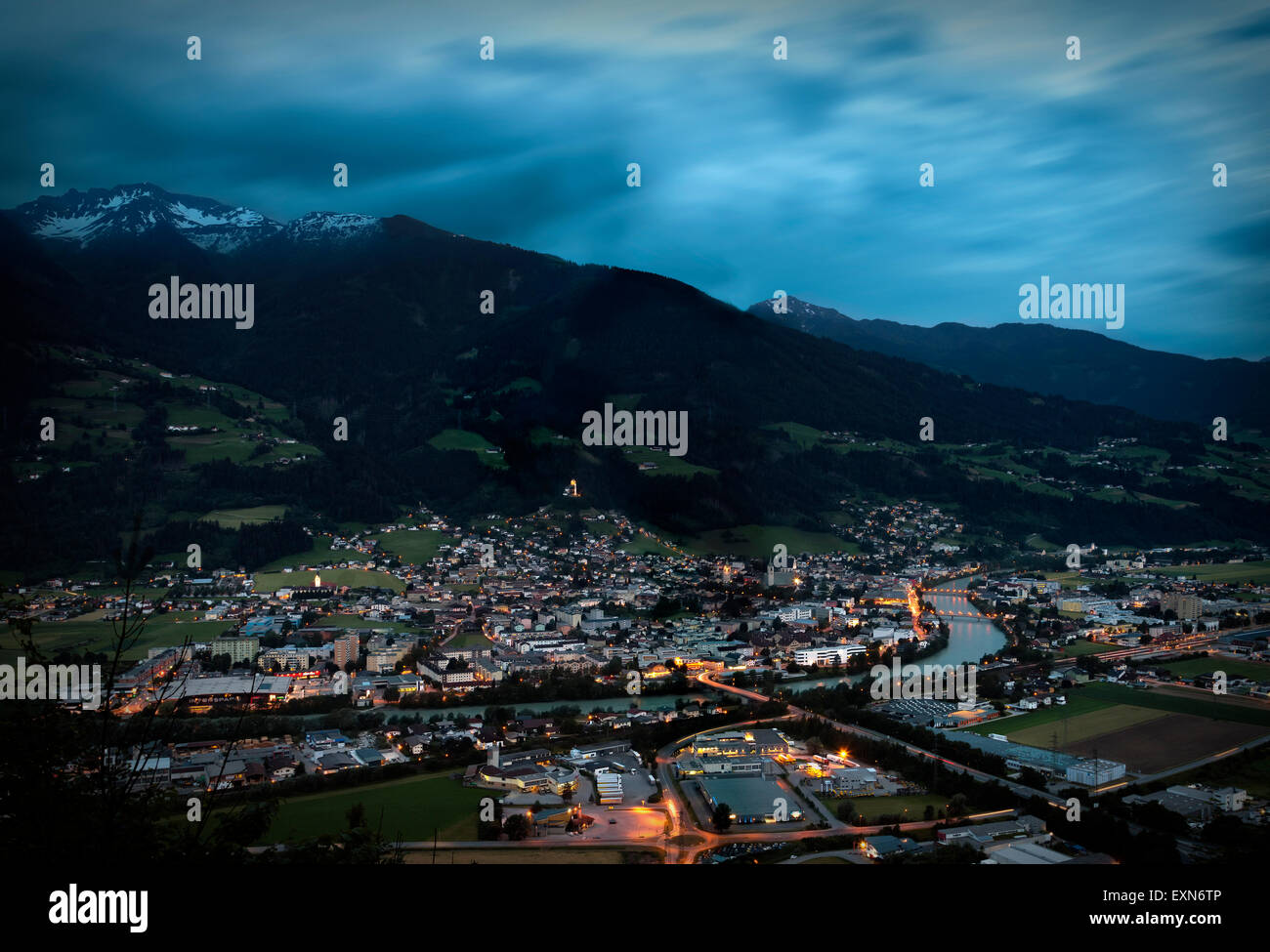 Austria, Tyrol, Schwaz district, View to Schwaz in the evening Stock Photo