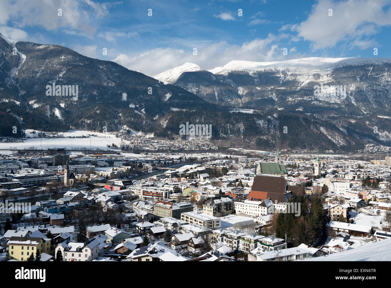 Austria, Tyrol, Schwaz district, View to Schwaz in winter Stock Photo
