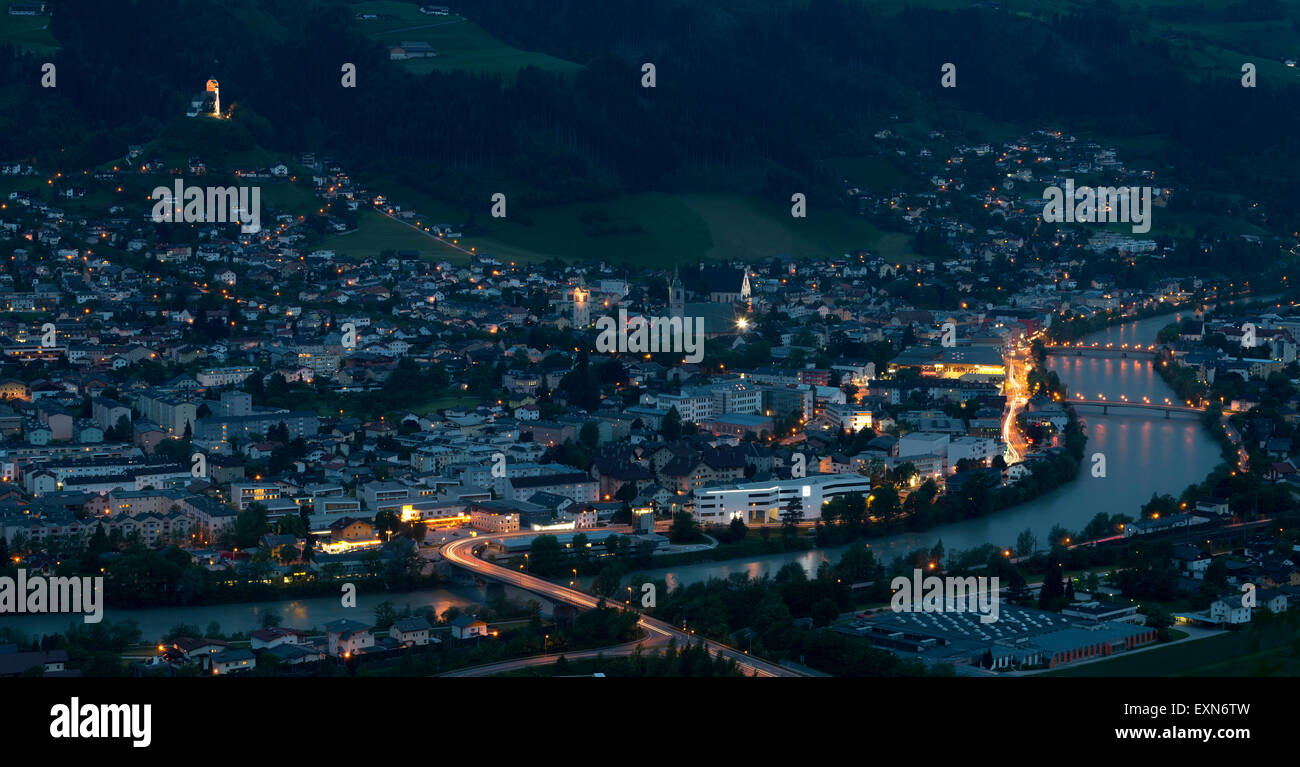 Austria, Tyrol, Schwaz district, View to Schwaz in the evening Stock Photo