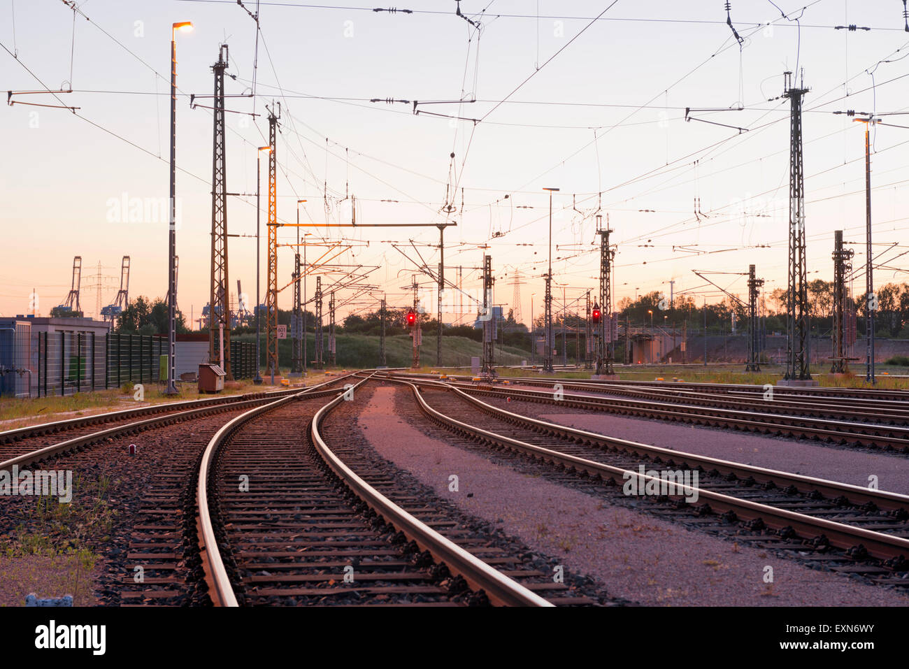 Germany, Hamburg, railway track with catenary Stock Photo