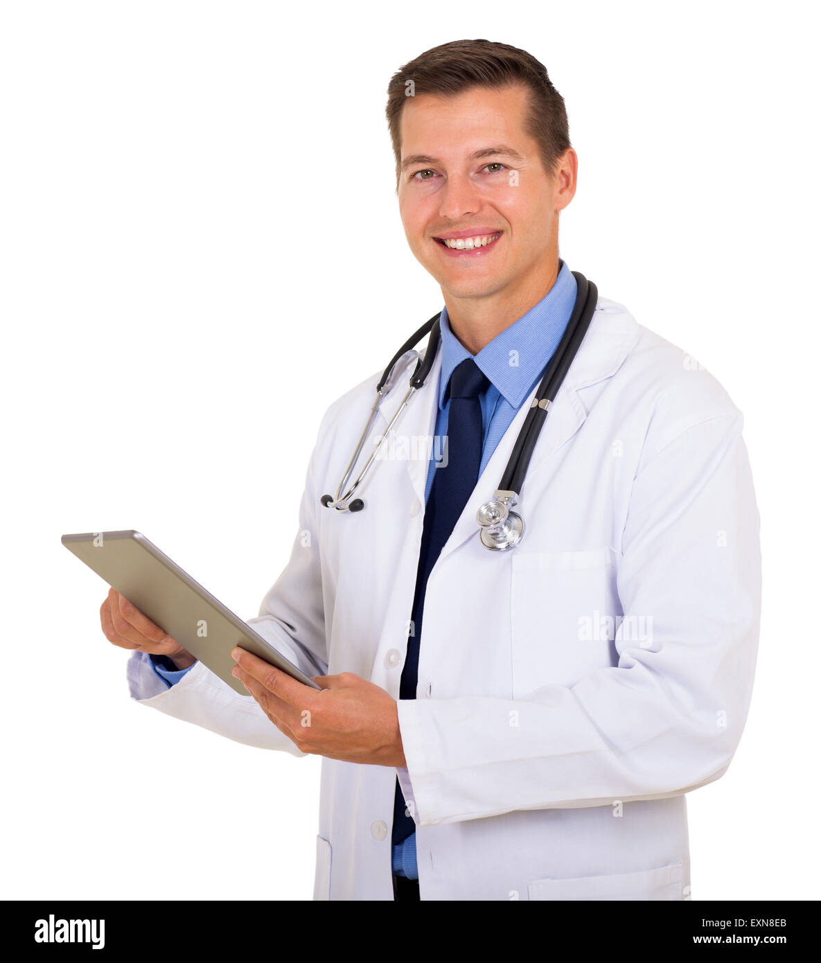 smiling doctor using tablet computer isolated on white background Stock Photo