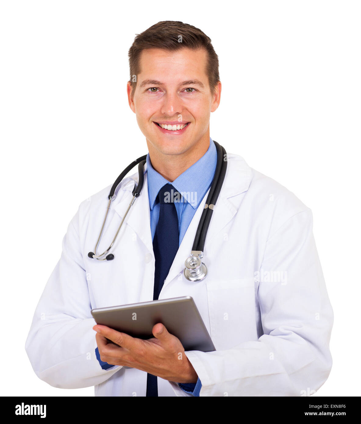 handsome medical worker holding tablet computer on white background Stock Photo