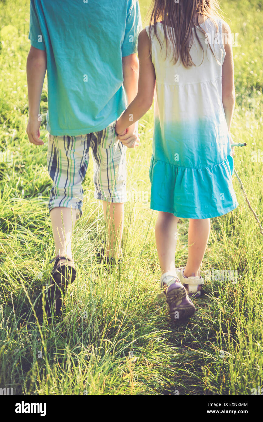 Brother and sister walking hand in hand on a meadow Stock Photo - Alamy