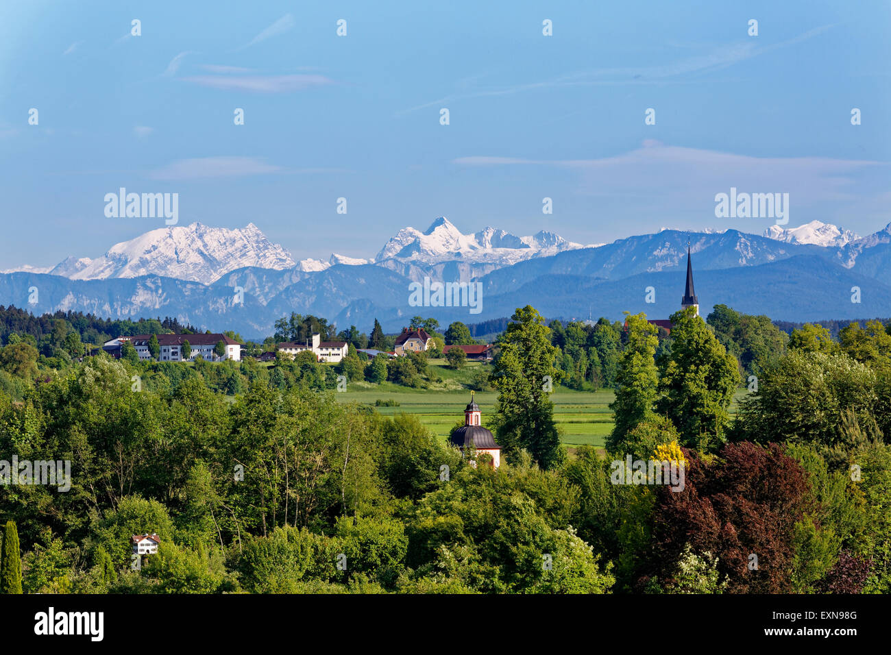 Germany, Bavaria, Chiemgau, Stein an der Traun, View to Sankt Georgen, Berchtesgaden Alps, with Watzmann and Hochkalter Stock Photo
