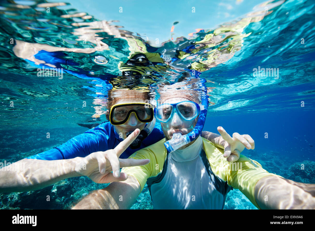 Maldives, portrait of couple snorkeling in the Indian Ocean Stock Photo