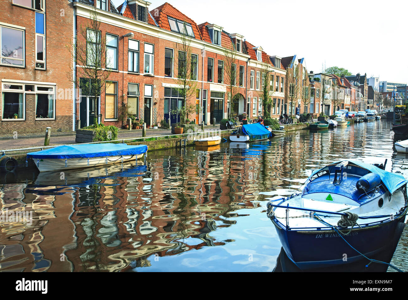 Boats and houses on canal, Haarlem, Netherlands Stock Photo Alamy