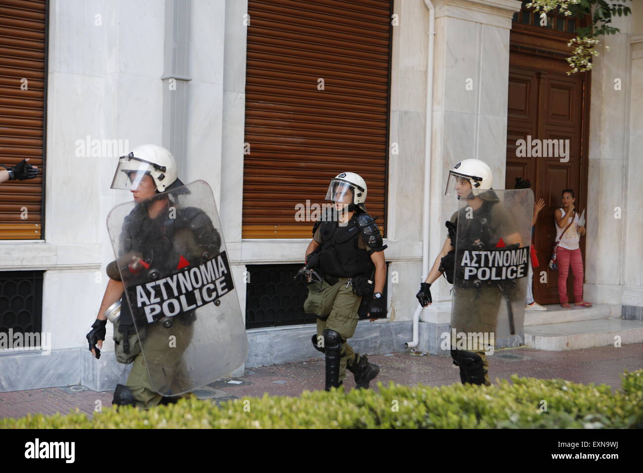 Athens, Greece. 15th July 2015. Riot police officers march past the ...