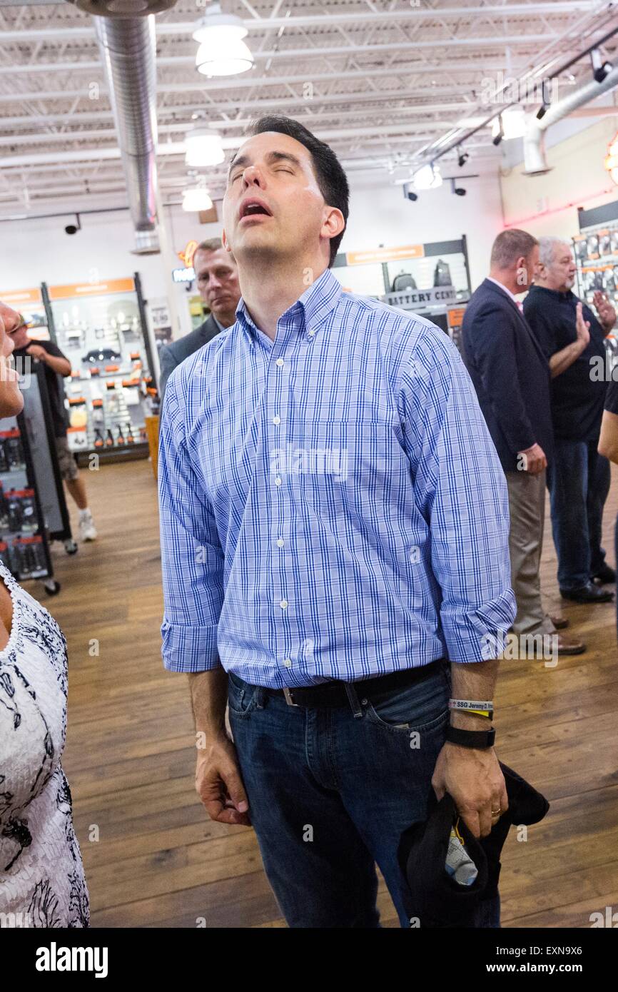 North Charleston, South Carolina, USA. 15th July, 2015. Wisconsin Governor and Republican presidential candidate Scott Walker shows how tired he is following 24-hours of campaigning after announcing his run for the presidency during an early morning campaign event at the Lowcountry Harley-Davidson motorcycle dealership July 15, 2015, 2015 in North Charleston, South Carolina. Stock Photo