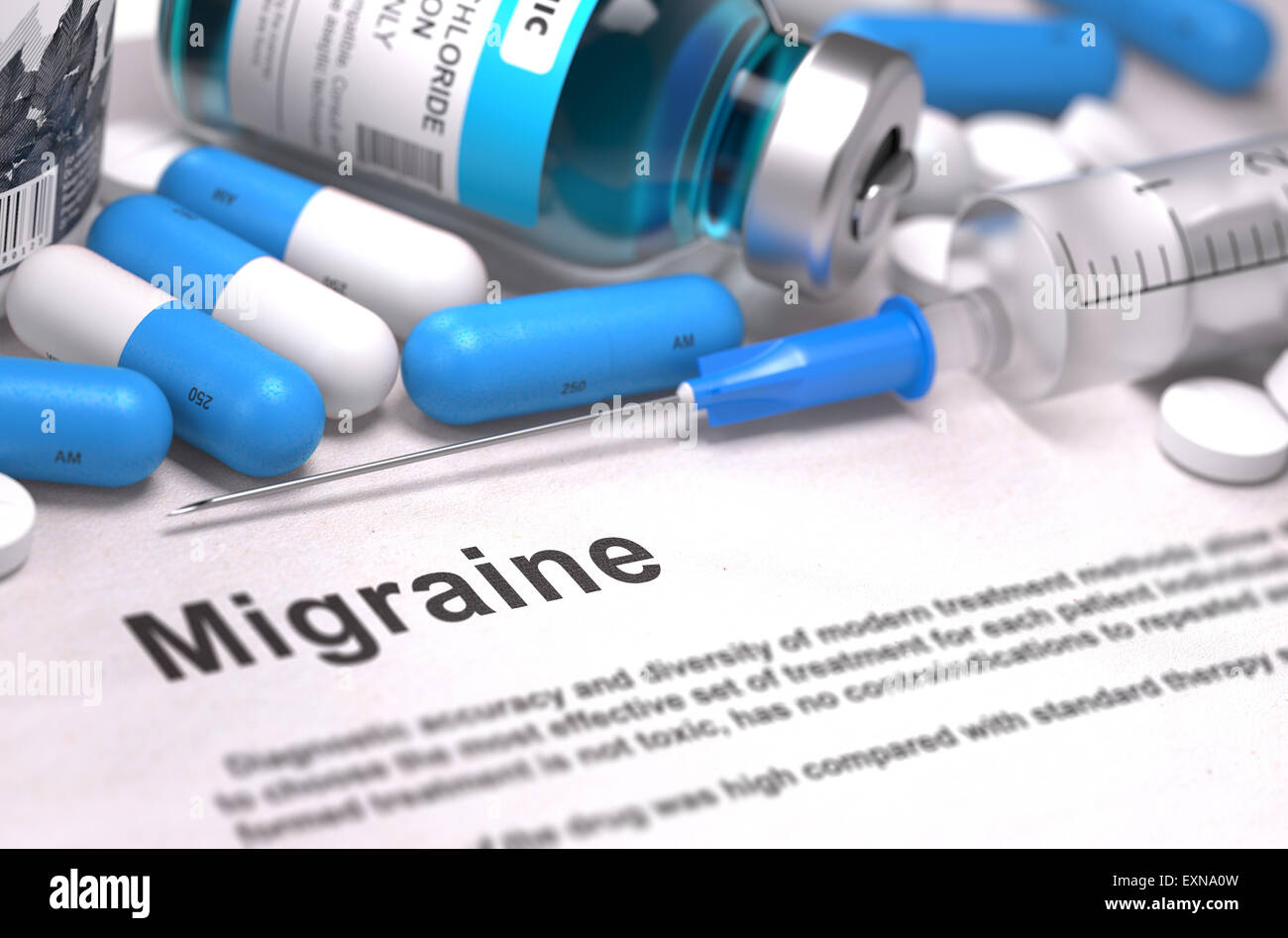 Migraine Diagnosis. Medical Concept. Composition of Medicaments. Stock Photo