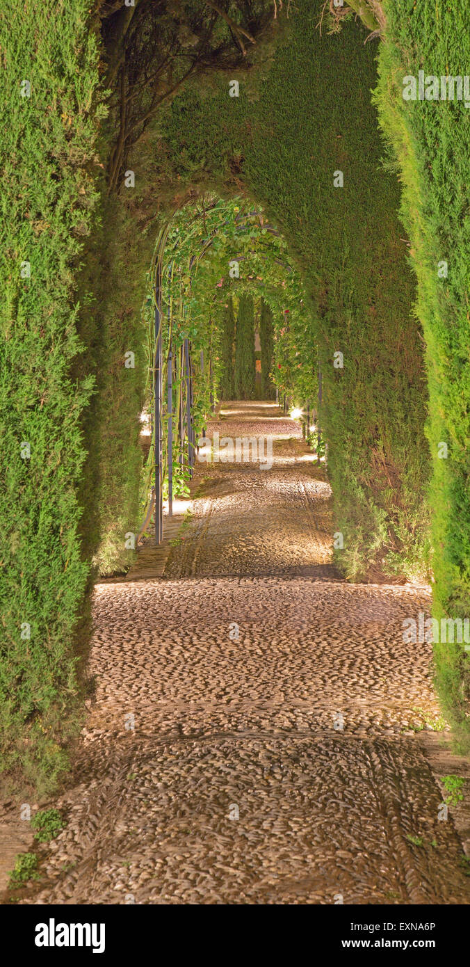GRANADA, SPAIN - MAY 30, 2015: The Generalife gardens of Alhambra palace at dusk. Stock Photo