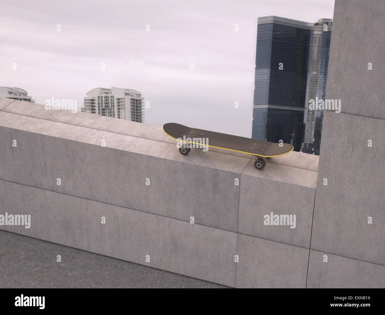 Skateboard standing on balustrade of highrise building Stock Photo Alamy