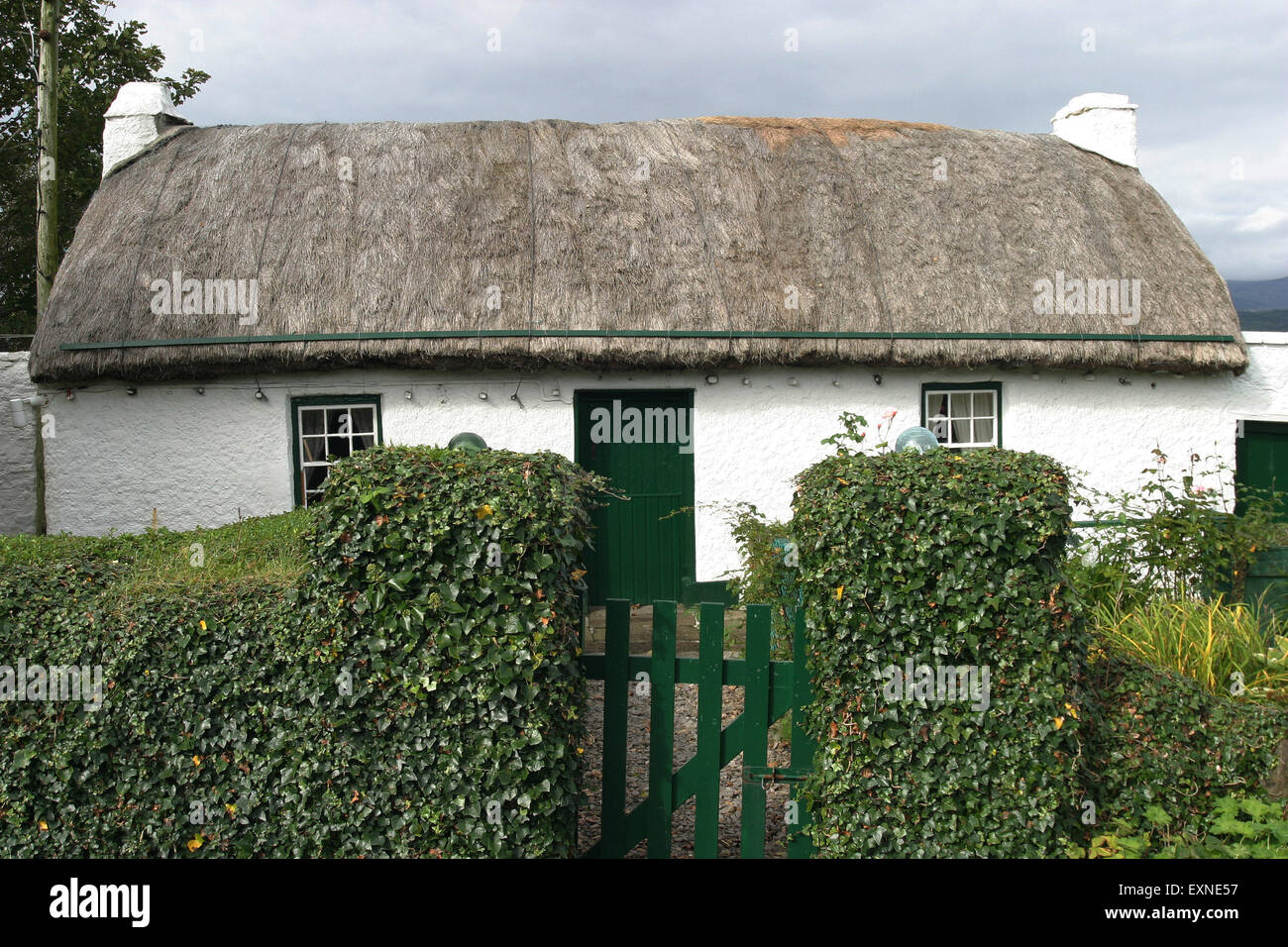 Irish whitewashed stone thatched cottage at St John's Point