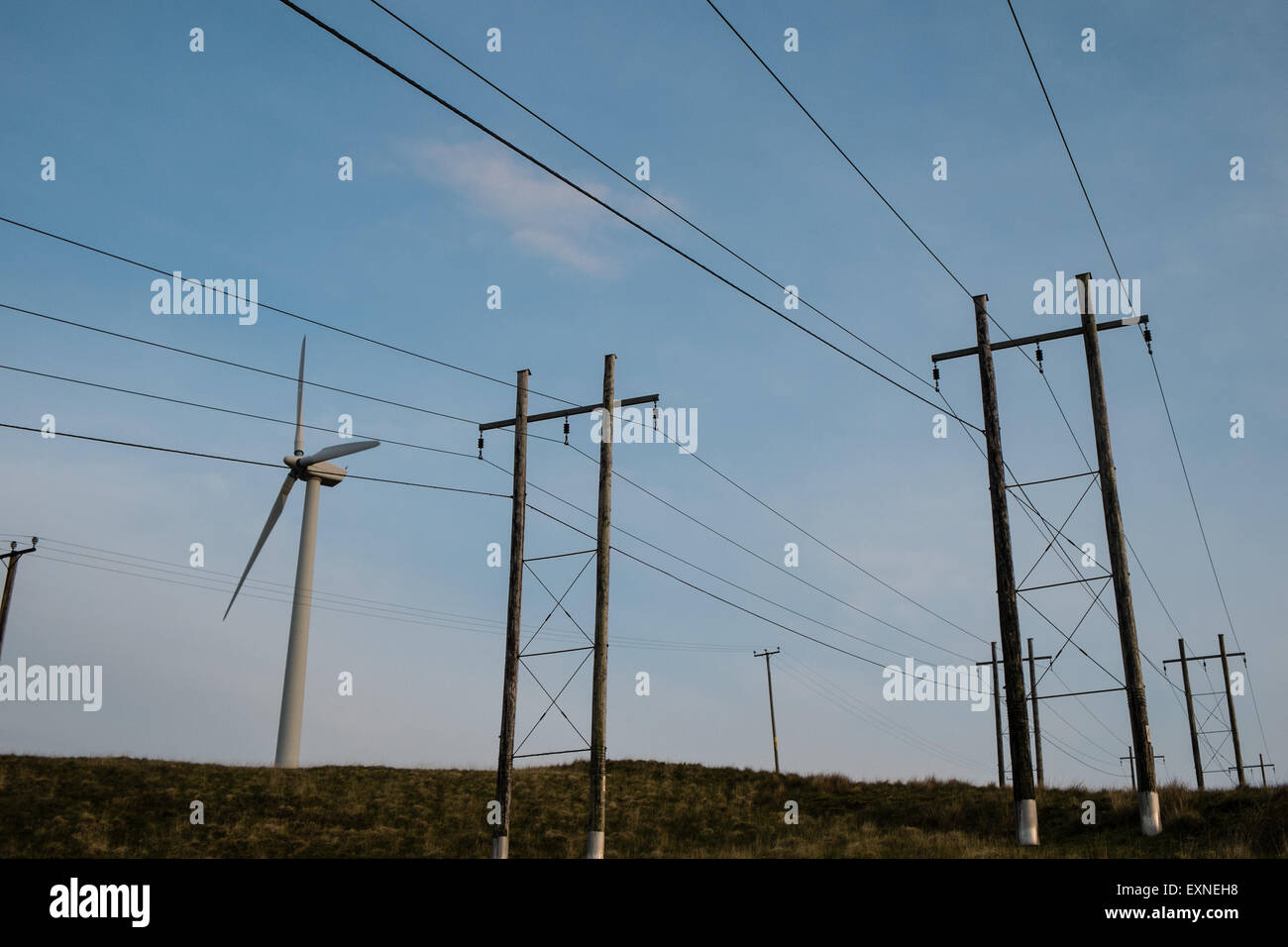 Pylons carrying electricity from Rheidol Hydro Power Station and Wind Turbines at Rheidol wind farm,turbine,power,Wales,Powys, Stock Photo