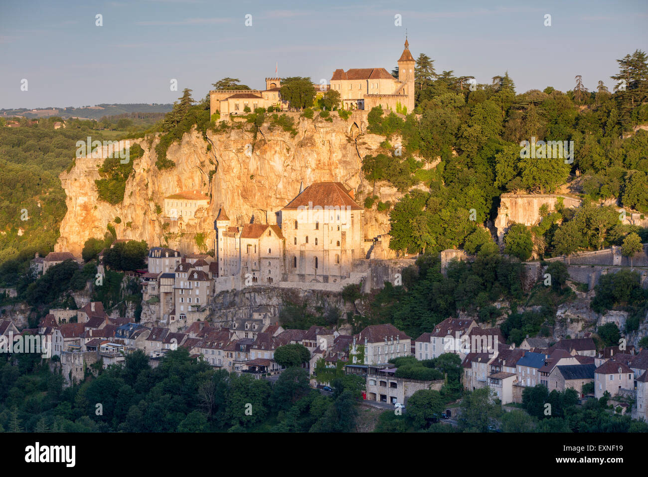 Sunrise over Medieval town of Rocamadour, Lot Department, Midi-Pyrenees, France Stock Photo