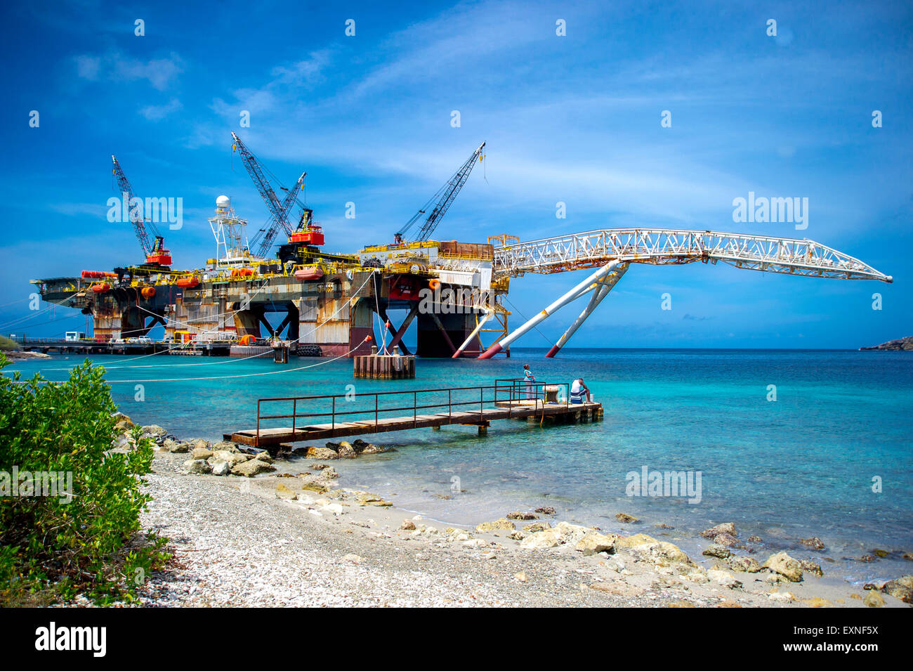 Oil rig under repair in the Caracas Bay Curacao Stock Photo