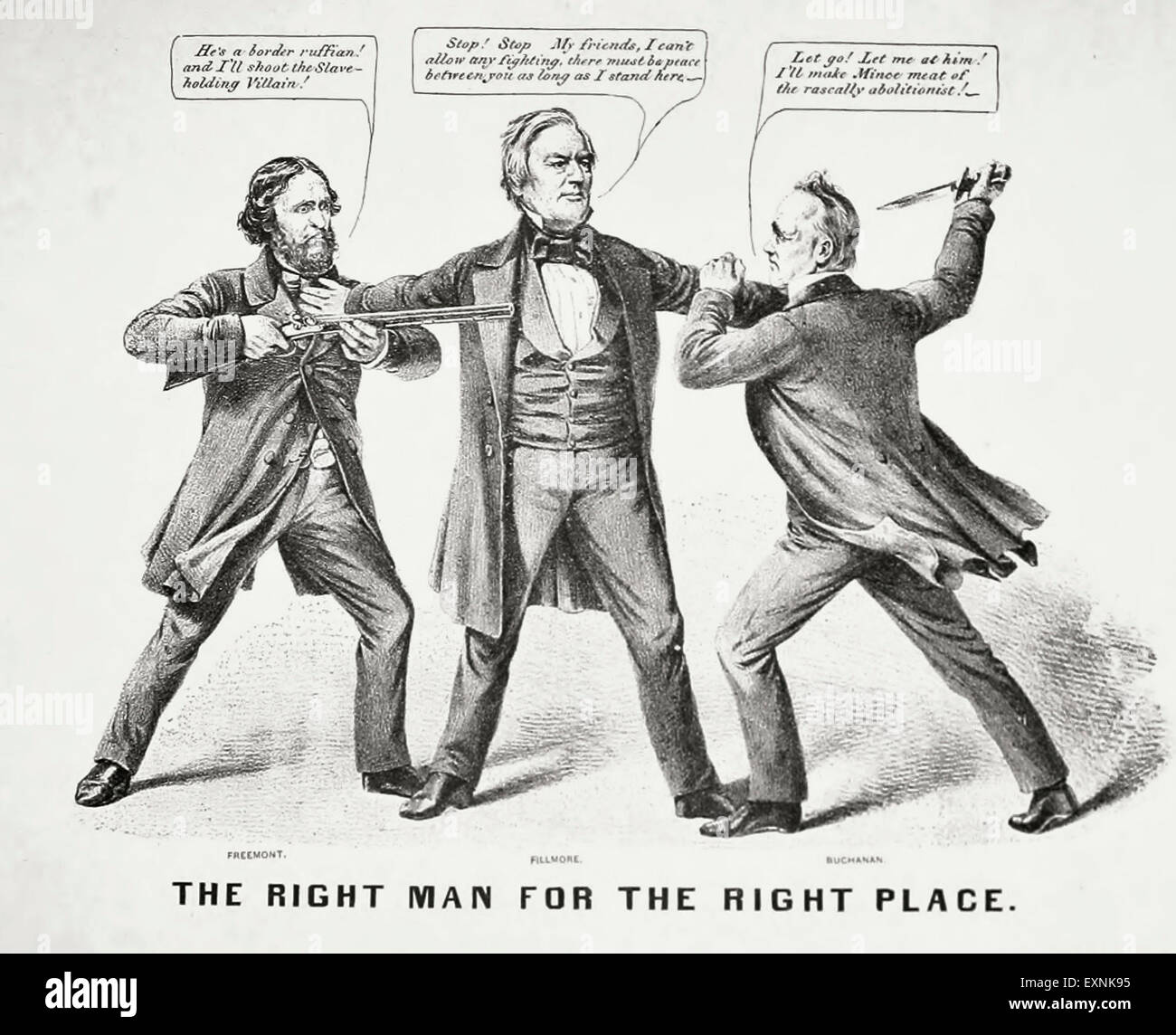 The Right Man for the right place - 1856 USA Presidential Race editorial cartoon for American Party Candidate Millard Fillmore, who is breaking up a fight between Republican candidate John Fremont and Democratic candidate James Buchanan Stock Photo