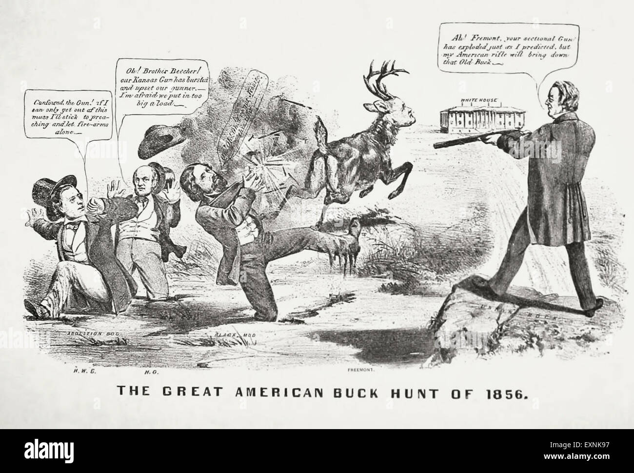 The Great American Buck Hunt of 1856 - American Party Presidential candidate Millard Fillmore attacking Republican Candidate John Fremont and Democratic Candidate James Buchanan.  Fremont's gun, A Beecher's Bible has exploded in his face, circa 1856 Stock Photo