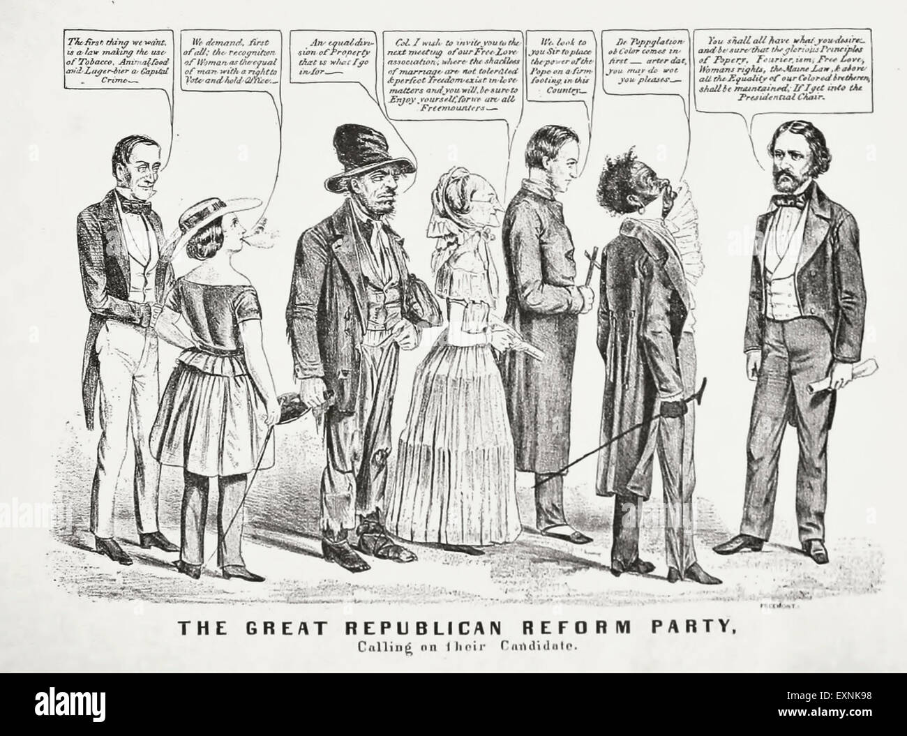 USA Presidential election of 1856 - Republican Party Candidate John Fremont taking calls from advocates of 'popery', free love Fourrierism, Racial Equality andWomen's Rights.  Political cartoon Stock Photo