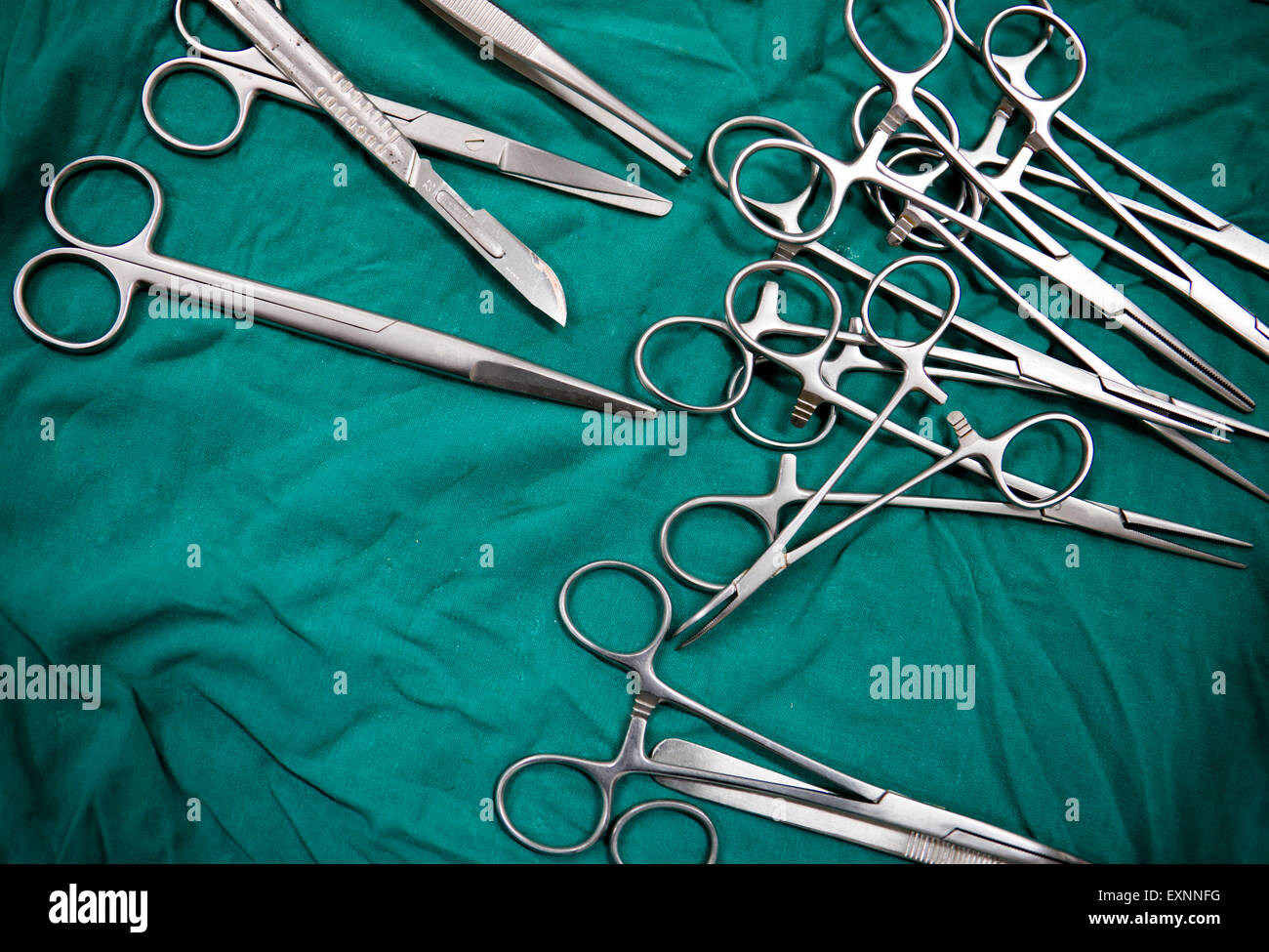 surgery equipment on table in the operating room Stock Photo