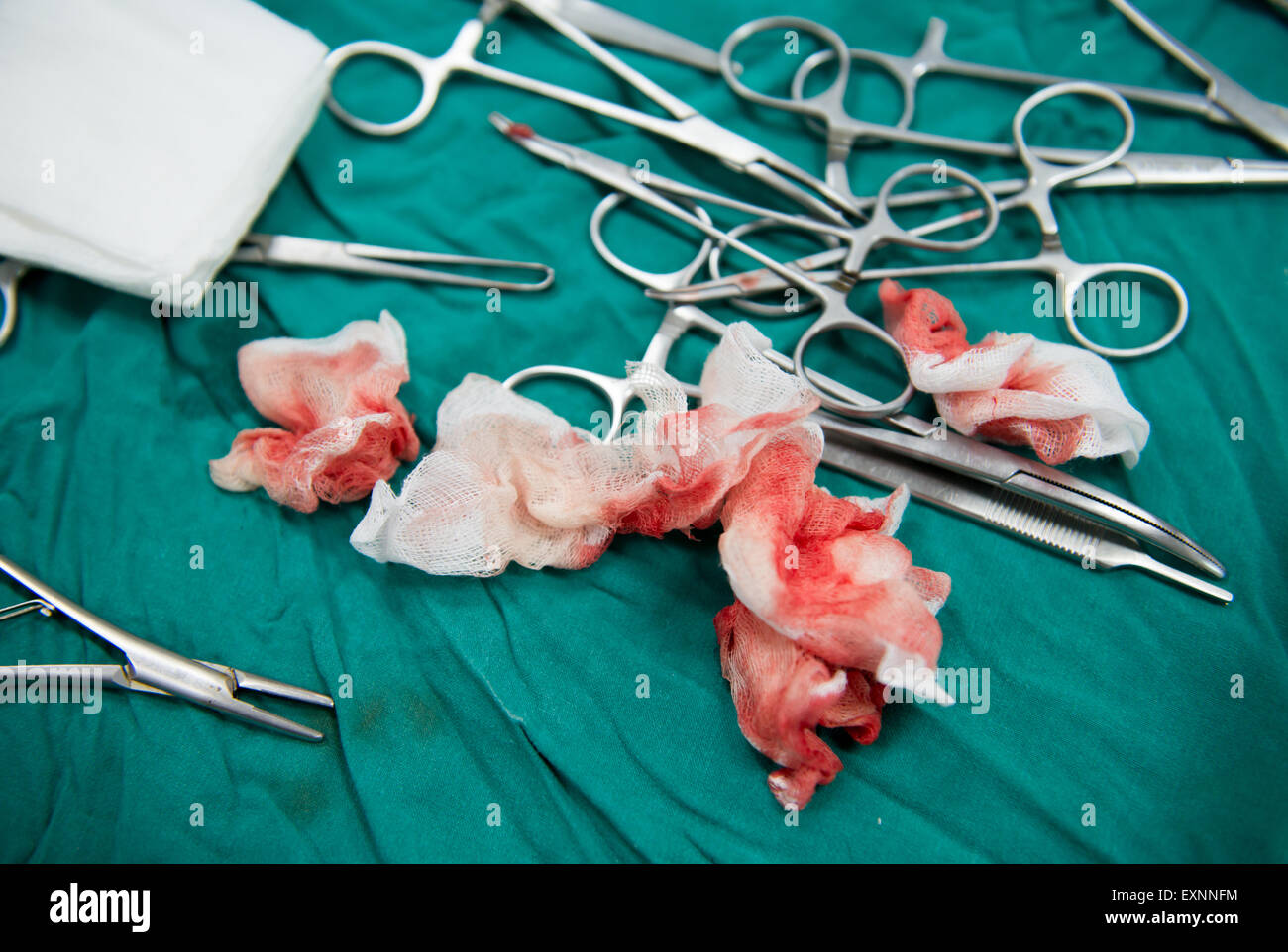 surgery equipment on table in the operating room Stock Photo