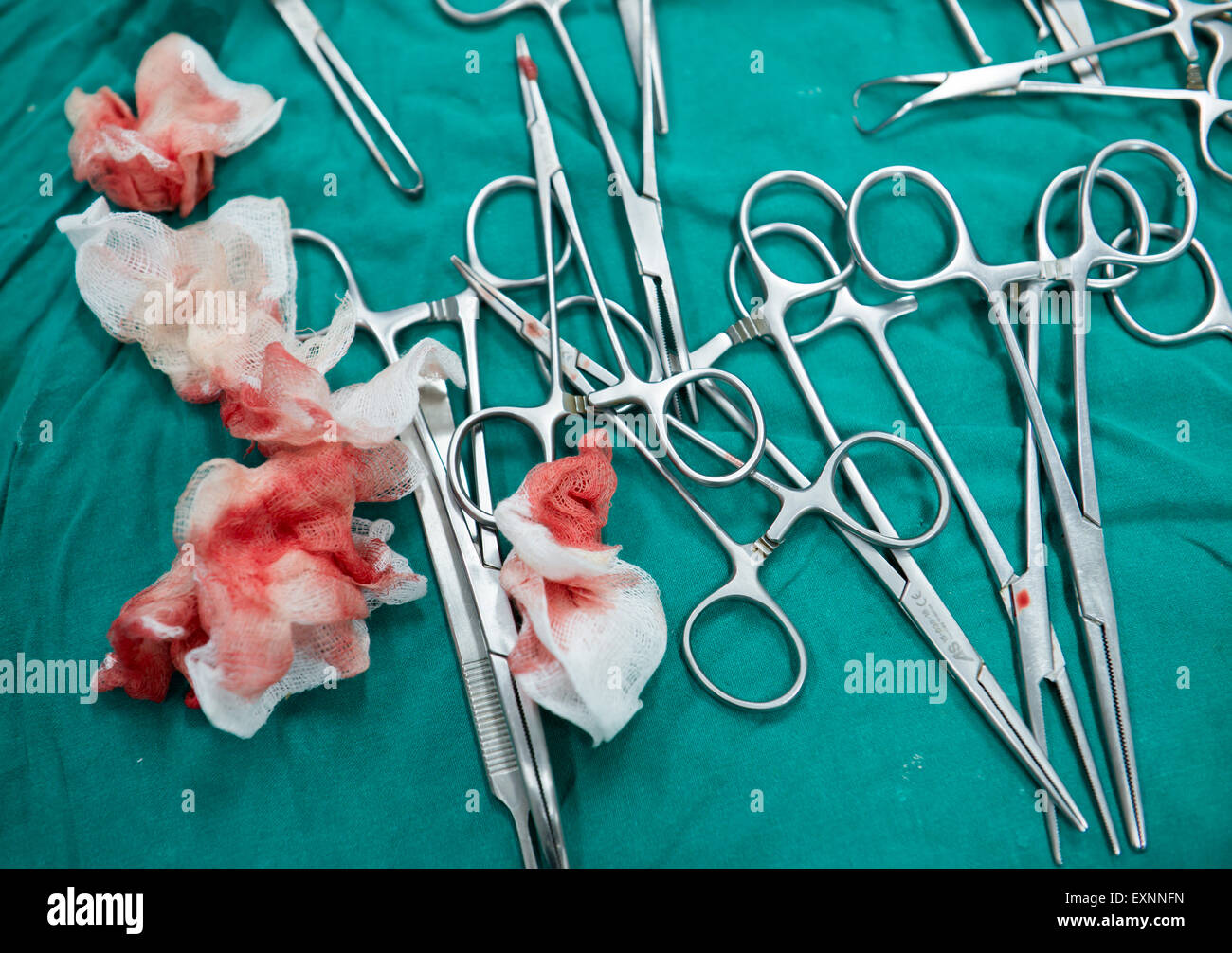 surgery equipment on table in the operating room Stock Photo