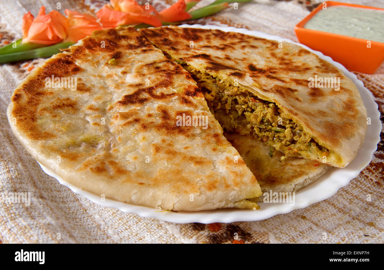 Keema Paratha (Fried Flat Bread Filled with Spicy Shredded Chicken) Stock Photo