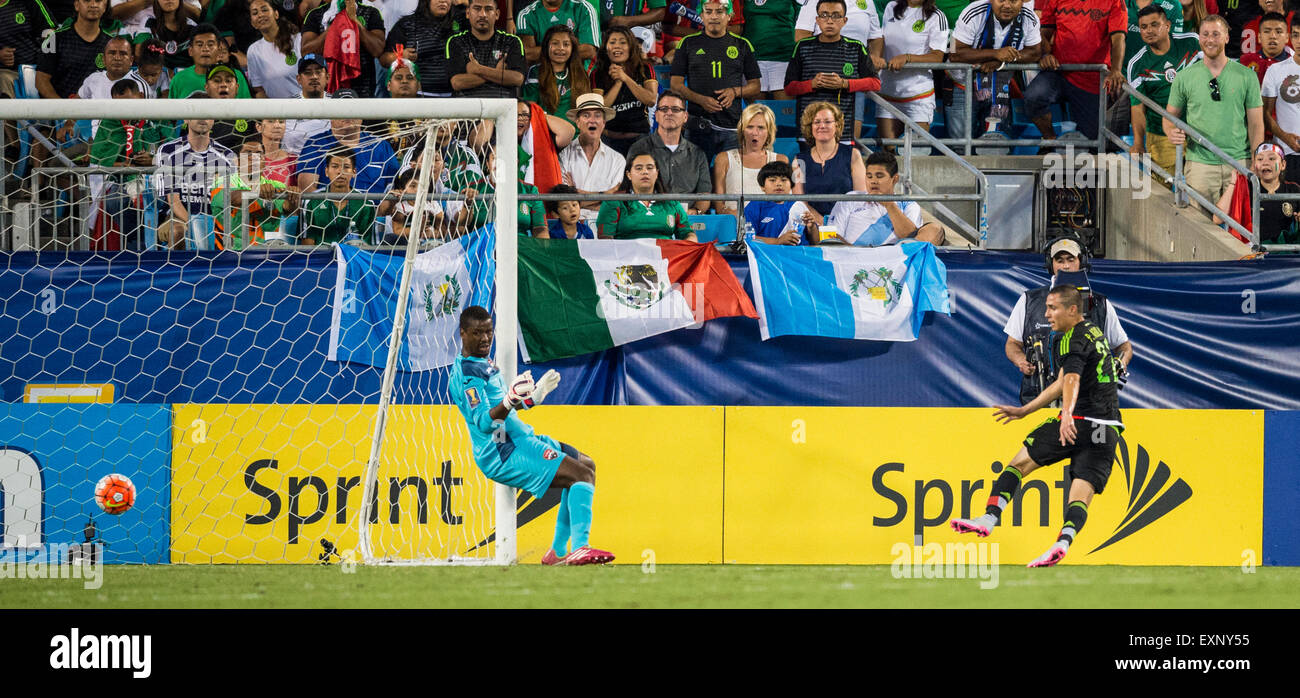 Charlotte, NC, USA. 15th July, 2015. Mexico D Paul Aguilar (22) scores a goal during the CONCACAF Gold Cup group stage match between Trinidad & Tobago and Mexico at Bank of America Stadium in Charlotte, NC. Jacob Kupferman/CSM/Alamy Live News Stock Photo