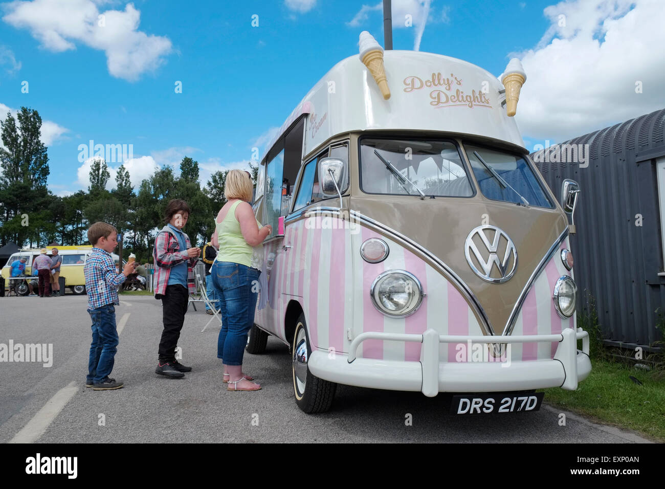 A VW split-screen ice cream van at the Bus Stop Over, Newark Showground, Nottinghamshire, England. Stock Photo