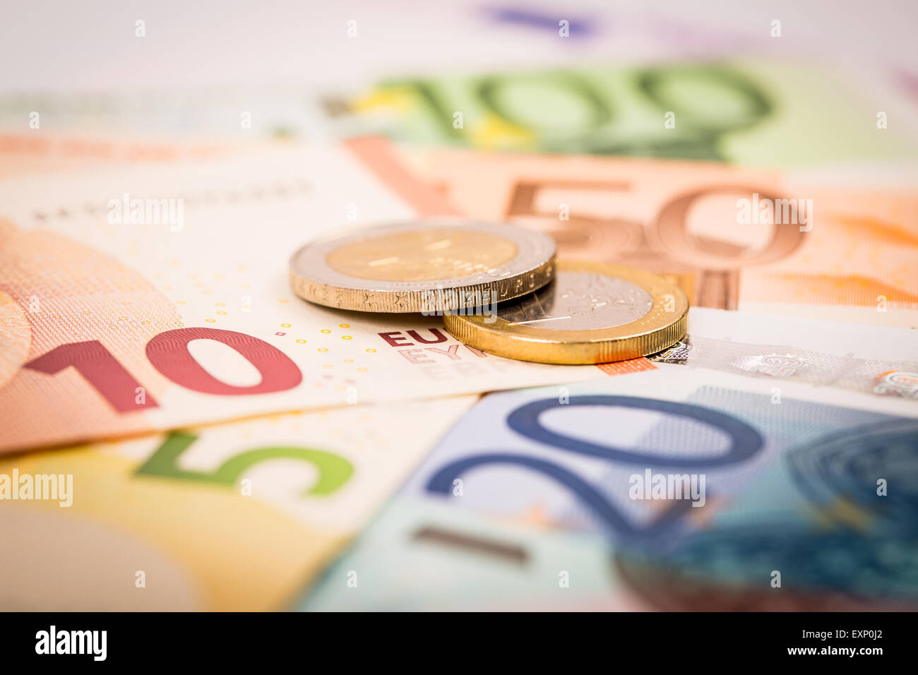 Euro money: closeup of banknotes and coins Stock Photo
