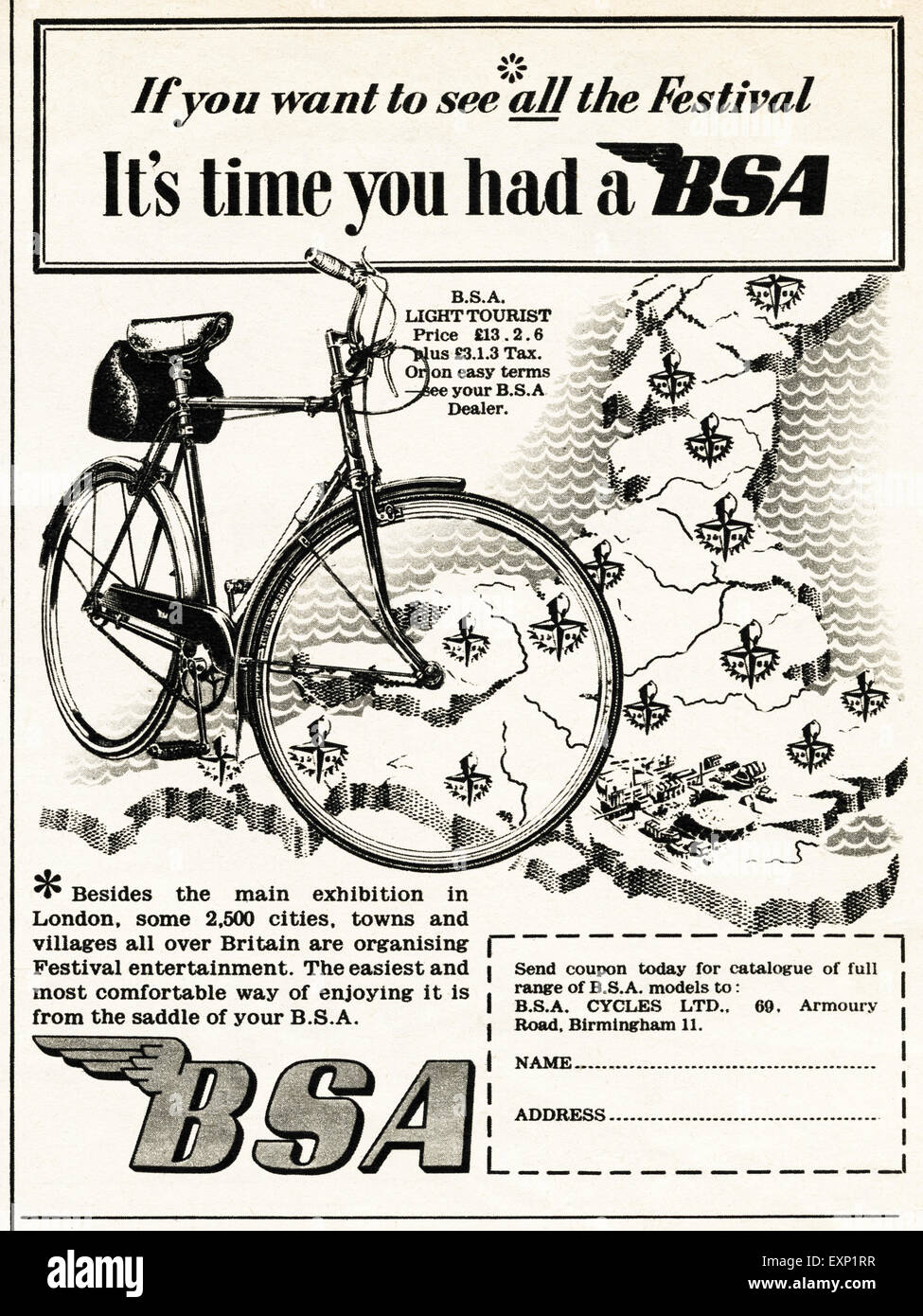 1950s advertisement circa 1951 magazine advert for BSA bicycles Stock Photo