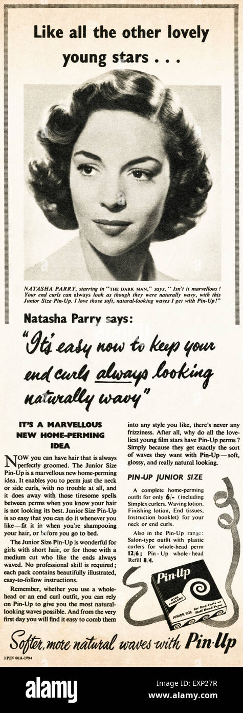 1950s advertisement circa 1951 magazine advert for PIN-UP home hair perm  kit featuring actress Natasha Parry Stock Photo - Alamy
