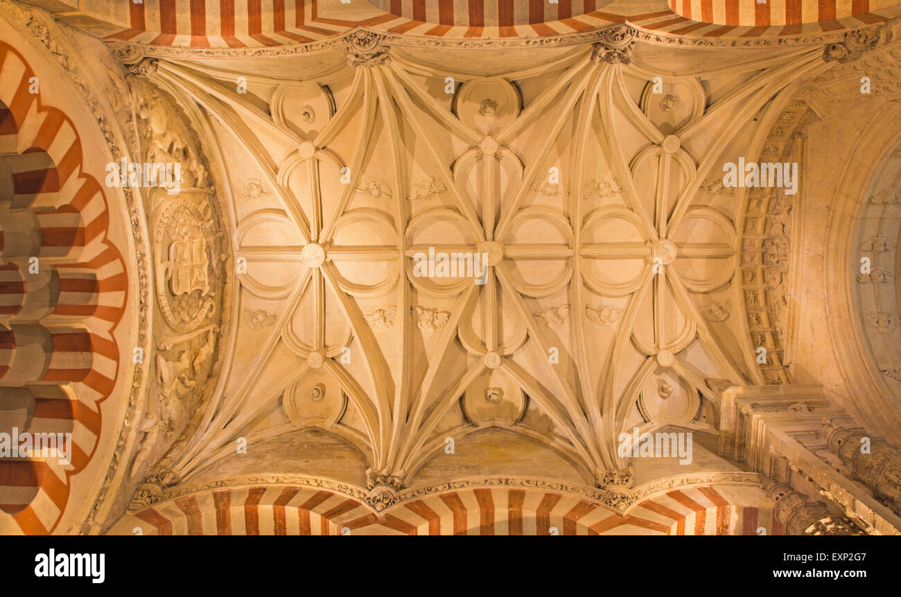 CORDOBA, SPAIN - MAY 28, 2015: The gothic vault of side nave in the Cathedral. Stock Photo