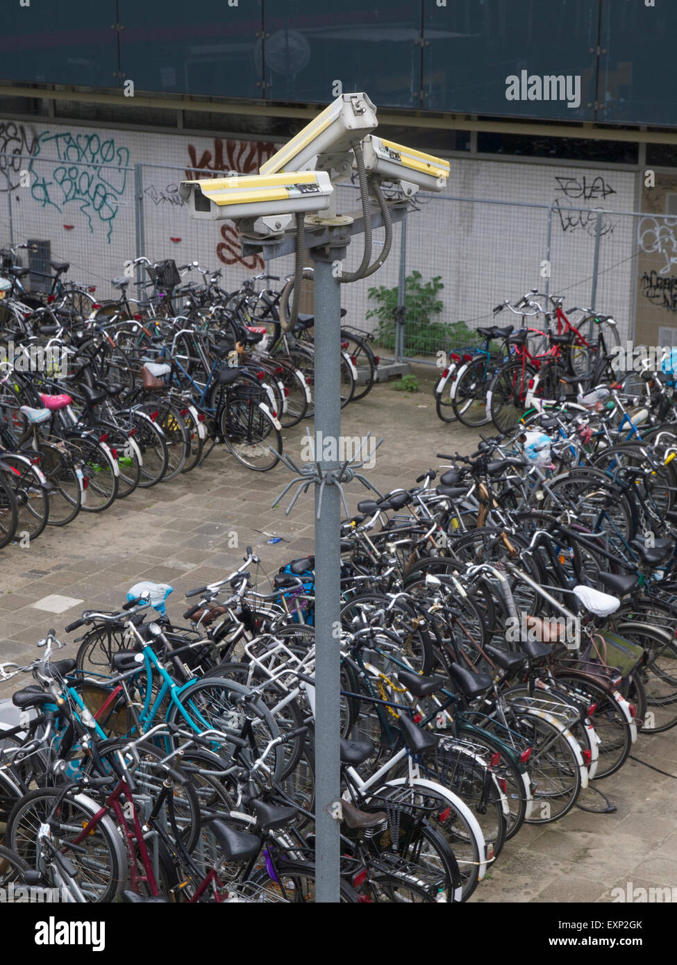 cctv surveillance cameras at a bicycle parking lot. in the Netherlands an estimated 500000 to 750000 bicycles stolen annually Stock Photo