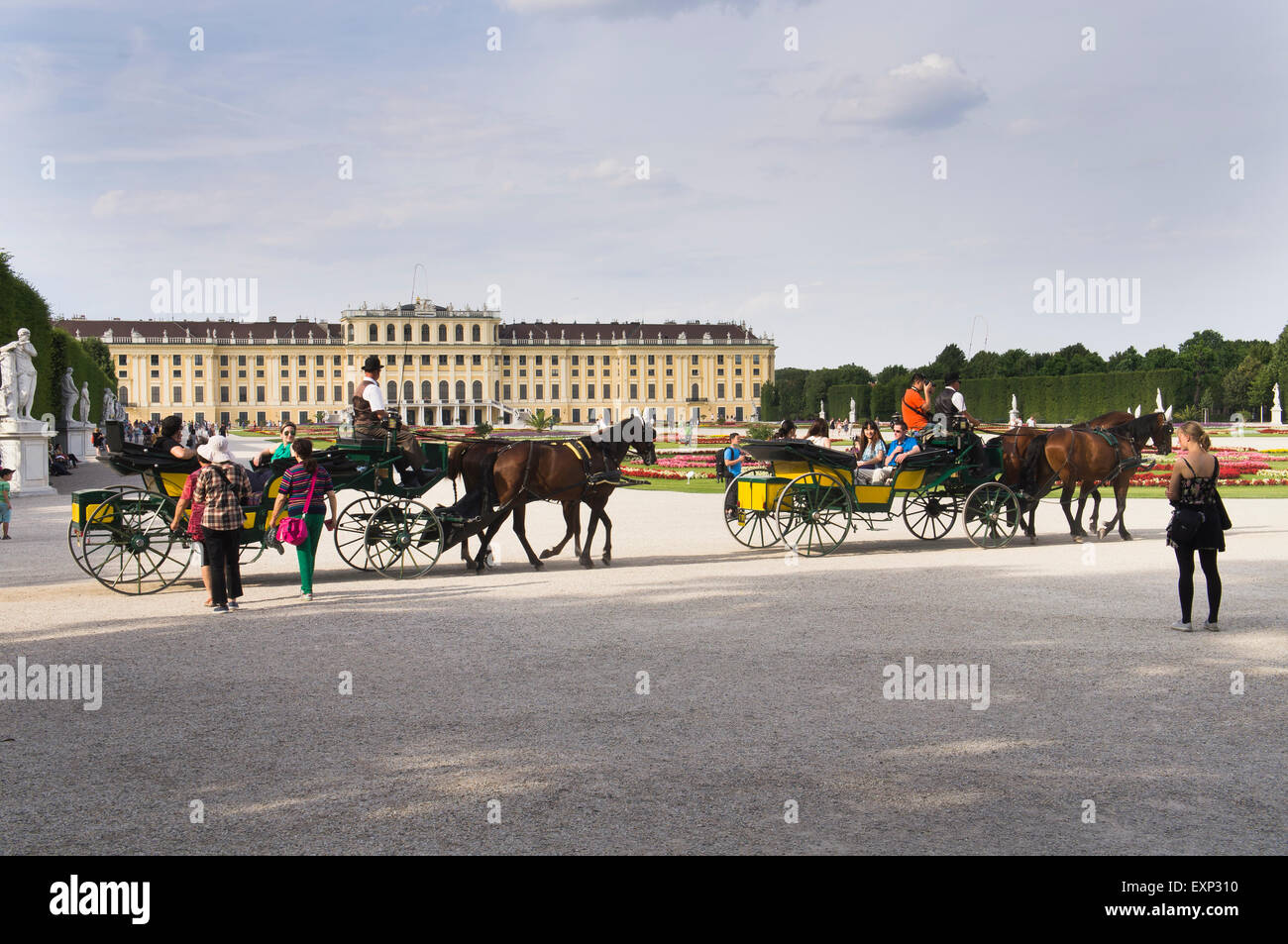 The Schoenbrunn Castle, gardens, park, tourists, horse-drawn four-wheeled carriage for hire, Vienna, Austria, on Friday, June 26, 2015. (CTK Photo/Libor Sojka) Stock Photo