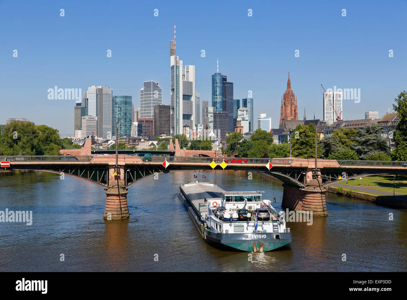 Skyline with cathedral, freighter beneath Ignatz Bubis Bridge, Frankfurt am Main, Hesse, Germany Stock Photo
