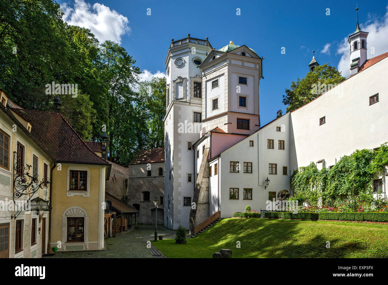 Lower Brunnenmeister House, today Swabian Handicraft Museum, Großer and Kleiner Wasserturm water towers, rose garden of the Stock Photo