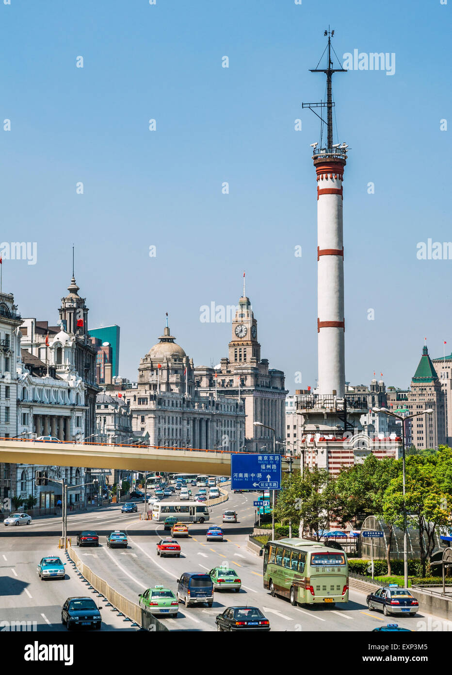 China, Shanghai, view of the Gutzlaff Signal Tower and busy Zhongshan East 1st Road Stock Photo
