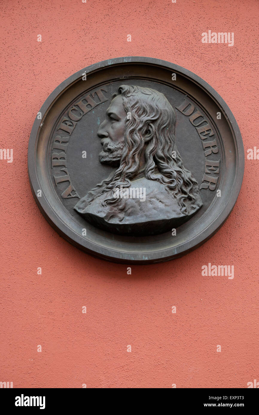 Portrait of Albrecht Dürer on house facade, Nuremberg, Middle Franconia, Bavaria, Germany Stock Photo