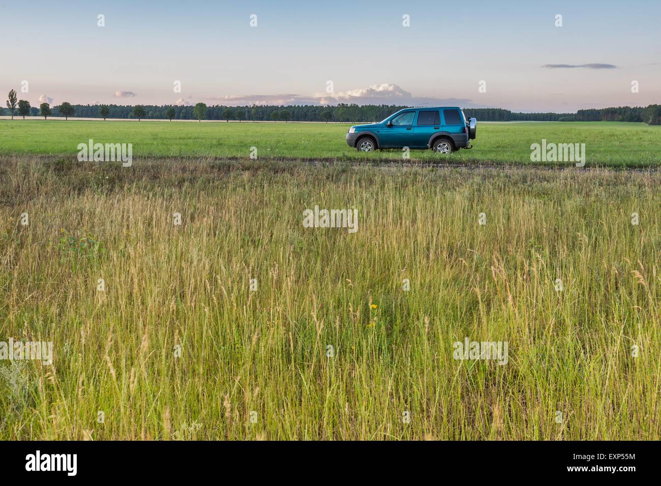 Rural grassland landscape with green off-road car. Beautiful rural ...