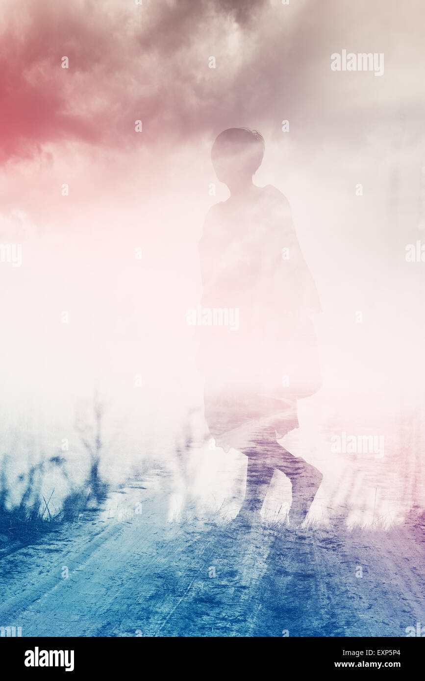 Woman Walking Through Countryside, Anxiety Concept, Double Exposure, Abstract Composition Stock Photo