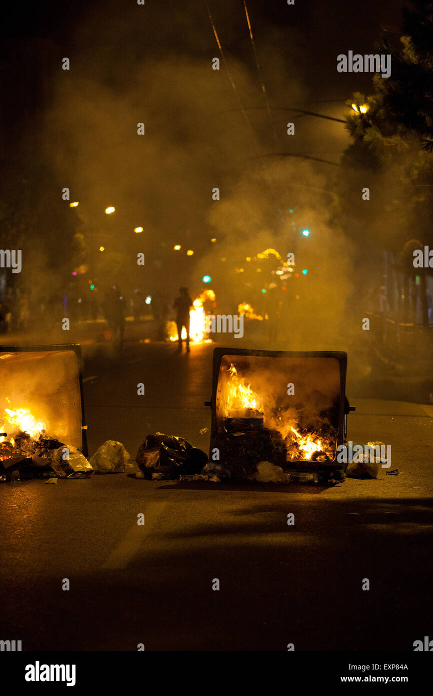 Athens, Greece. 15th July, 2015. Damage caused by Anarchists during the Anti austerity protests in Athens while the 3rd Bailout vote is duscussed in the Greek Parliament. Credit:  Martin Garnham/Alamy Live News Stock Photo