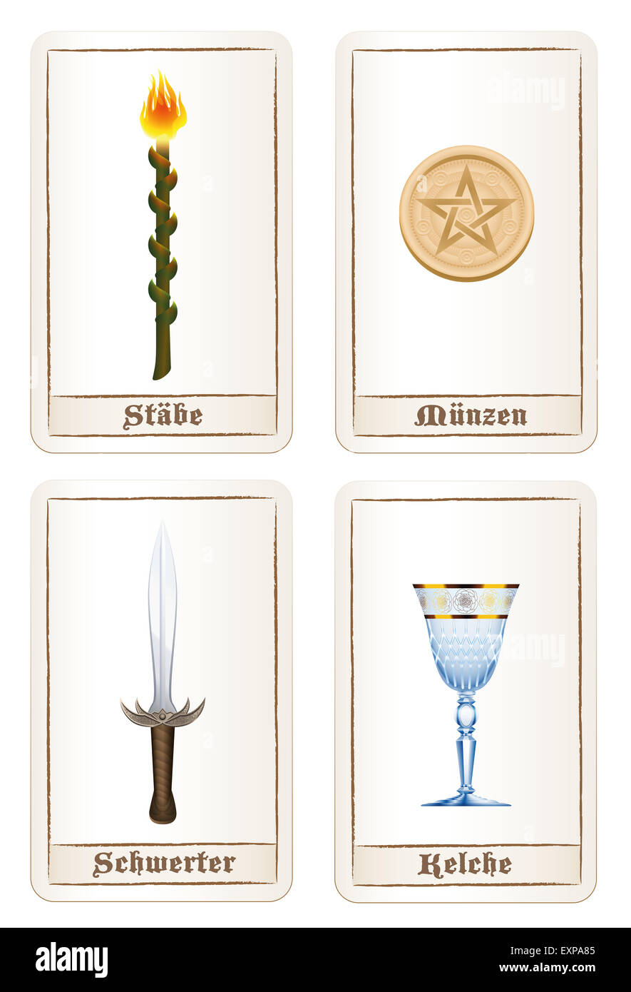 Tarot card colors or elements - suit of wands, suit of pentacles, suit of swords and suit of cups. GERMAN LABELING! Stock Photo