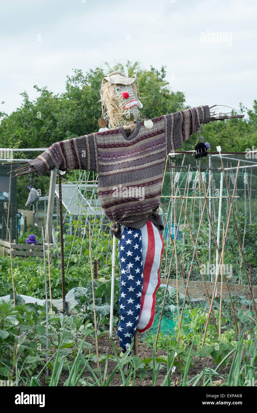 Novelty scarecrow wearing american flag trousers on an English allotment  Stock Photo - Alamy